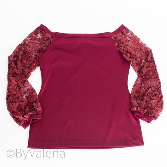 Venus Women's Burgundy Top L Balloon Sleeve Lace Sequin Holiday Christmas Glam - Picture 3 of 10